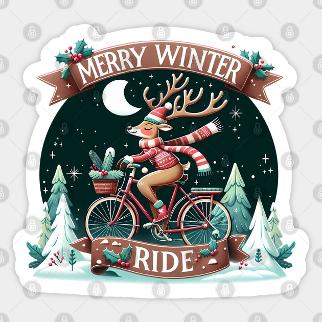 Merry Winter Ride - Christmas reindeer on a bicycle Sticker by PrintSoulDesigns